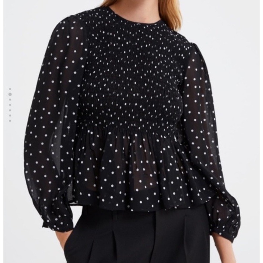 Zara Black Polka Dot Peplum Smocked Flowy Sheer Top Long Sleeve XS Boho Chic